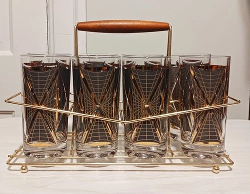 Vintage Federal 8 Highball  Glass Set Barware Gold Black With Caddy  1970s Lot