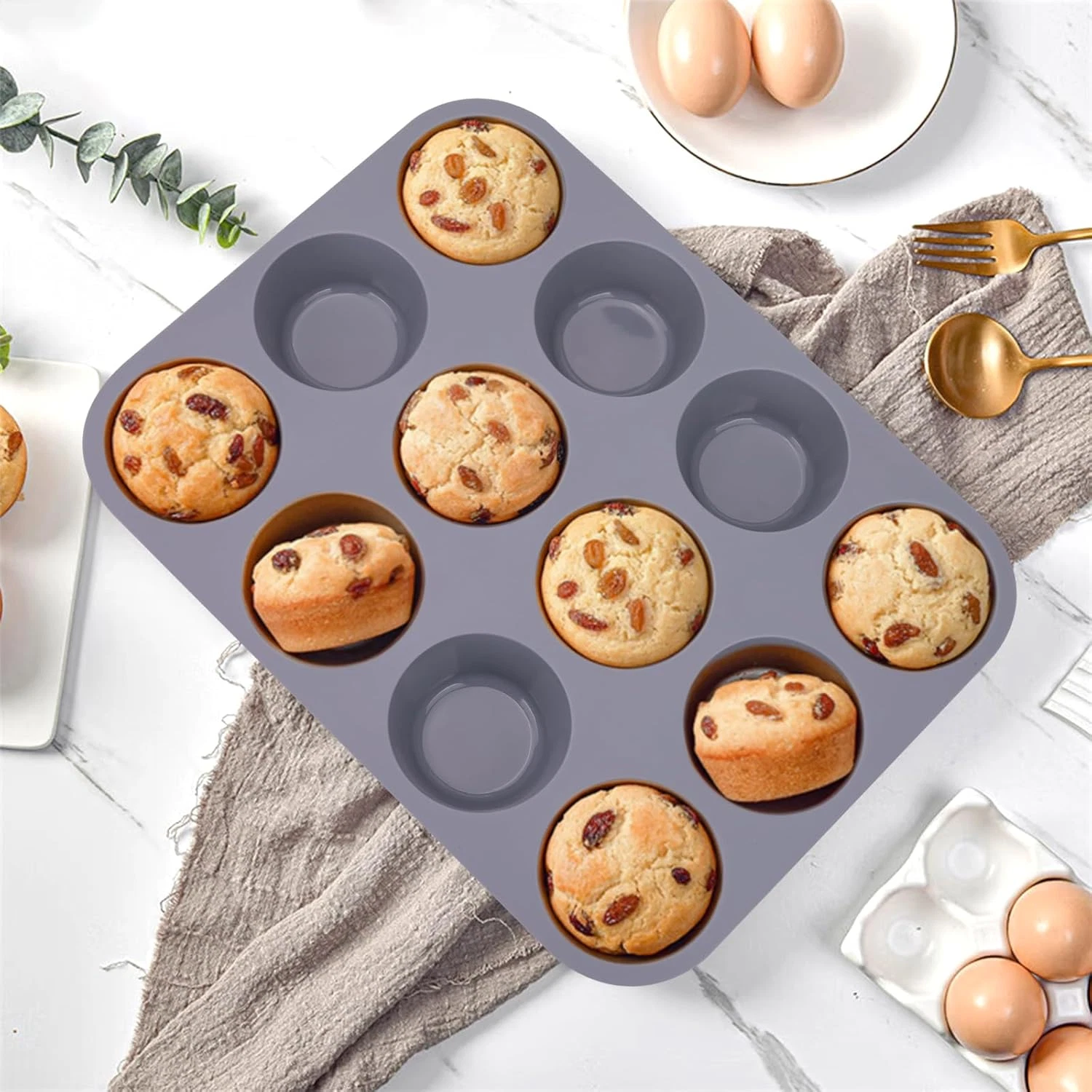 3 Pack 12 Cups Silicone Muffin Pan Nonstick Regular Cupcake Making Cakes Tart