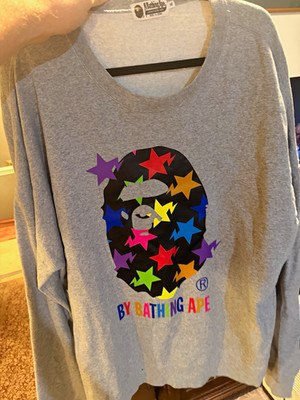 A Bathing Ape BAPE Men s XL Gray Fleece Crewneck Sweatshirt Ape Head Star