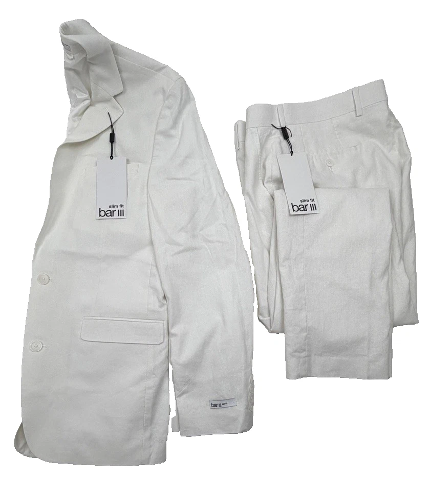 $495 BRAND NEW BAR III Mens 38L White Slim Linen 2 Piece Suit With Pants 32x32 - Image 2 of 4