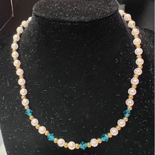Girls 14" Faux Pearl Beaded Necklace Gold Tone Accents Aqua Blue Crystal Beads