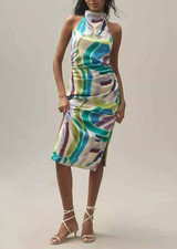 Bhldn By Anthropologie Simone Printed Halter Satin Midi Dress Ruched S 272725