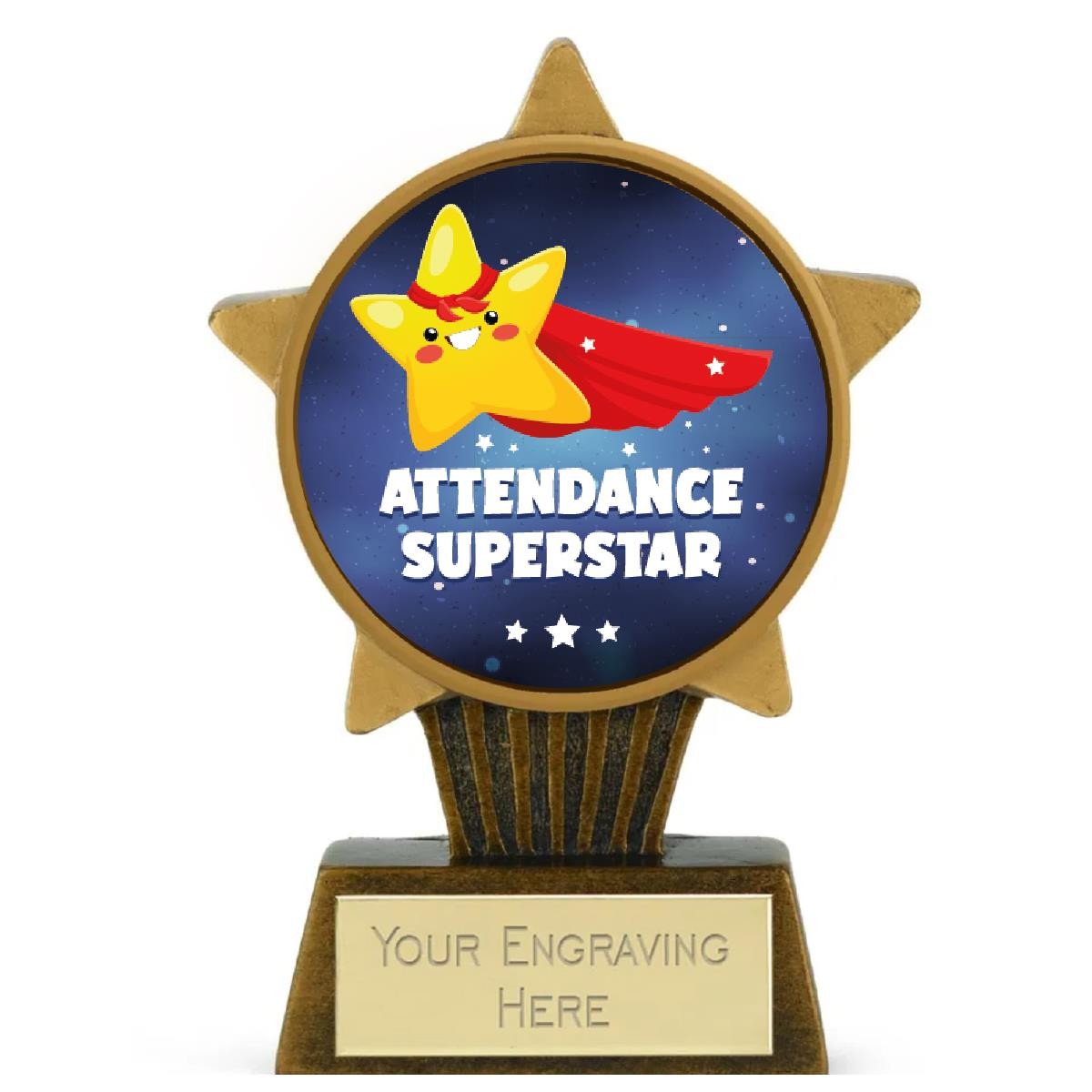 Gold Star Attendance Award Trophy 10cm Resin FREE engraving and Certificate