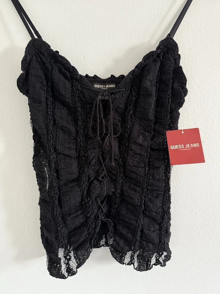 Винтажный Y2K Deadstock новый с Ярлыками Guess джинсы крючком кружевной корсет верхний черный маленький готический - Изображение 2 из 4