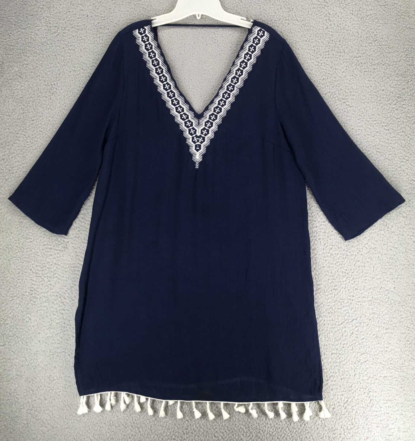 Kona Sol Beach Cover Up Size L Embroidered Neckline Fringed Hem Navy