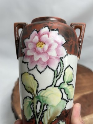Nippon Japan Marked Hand Painted Handled Vase Heavy Gold Vintage