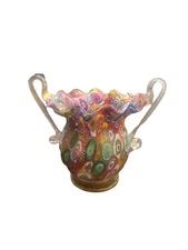 Murano Venetian Blown Glass Millefiori Miniature Vase Gold Flecked 4 1/4 Inch