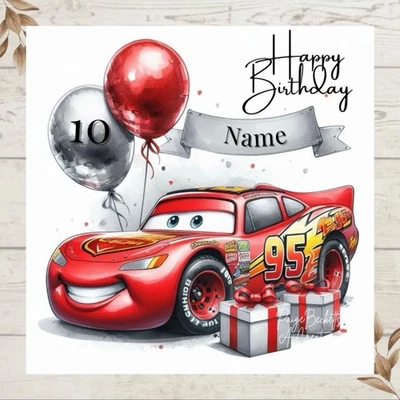 PAIGE BECKETT'S SENTIMENTAL CREATIONS Personalised Lightning McQueen CARS Birthday Red Greetings Card ANY NAME/AGE