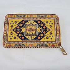 Oriental Carpet Purse Clutch Zipper Yellow Red Black 4 Compartments Plus Coin