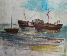 Vintage impressionist oil painting seascape ships boats