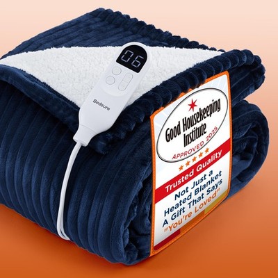 Bedsure Heizdecke elektrisch Überwurf - gerippter Flanell 130x160, gestreift blau 