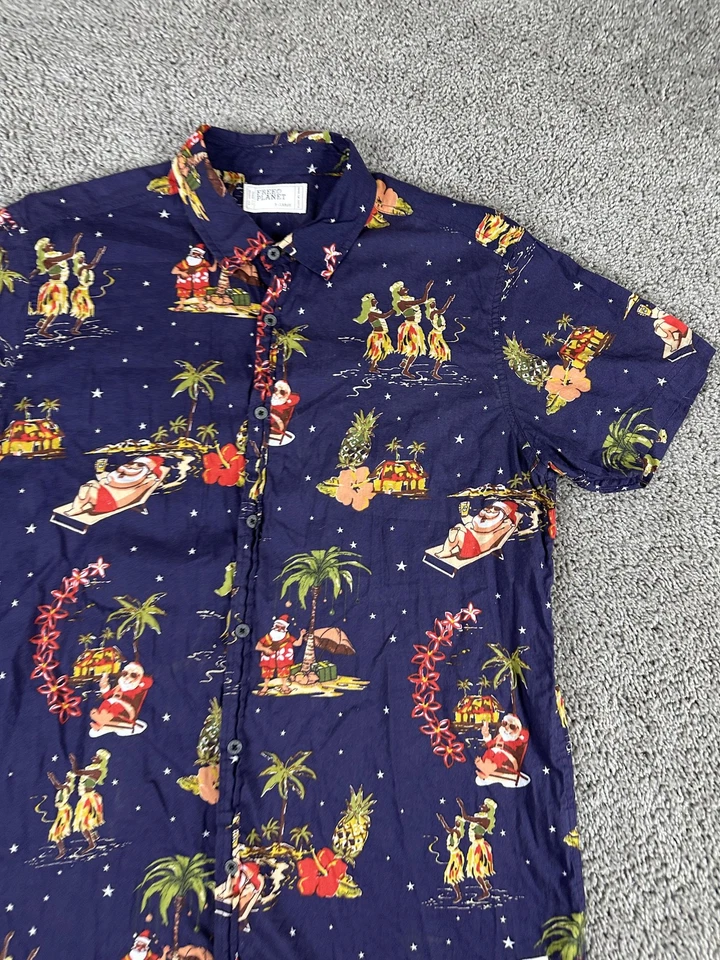 Camisa Free Planet Para Hombre XL Azul Marino Hawaiano Santa Navidad Manga Corta Abotonada Foto 3 de 4