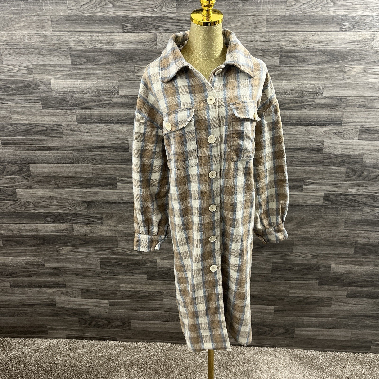 Fashion Nova Women’s Plaid Shacket Coat Brown Blue Button Front Jacket Size 1X