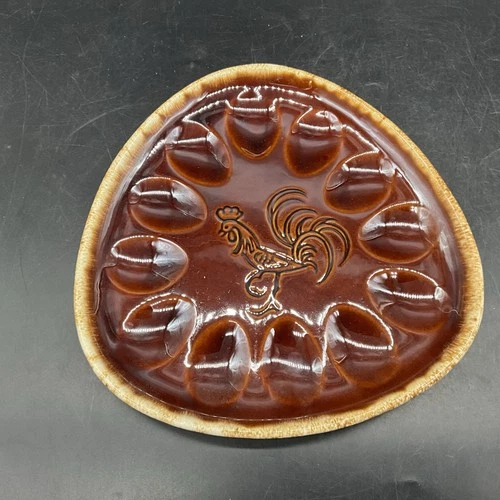 Vtg Hull Pottery Brown Drip Glaze Rooster Deviled Egg Plate 9 1/2" W