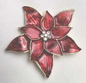 Authentic Premier Designs Poinsettia Brooch Pin Enamel Austrian Crystal Gold Plated Vtg