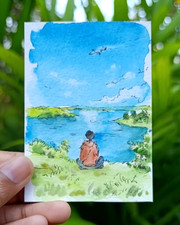 OOAK ACEO Watercolor Painting Pen Ink Man Sitting Lake Sky Travel Miniature Art