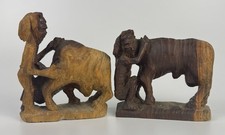 Vintage Hand Carved Wood Folk Art Man  Woman Milking Cow Ox Sculptures Pair