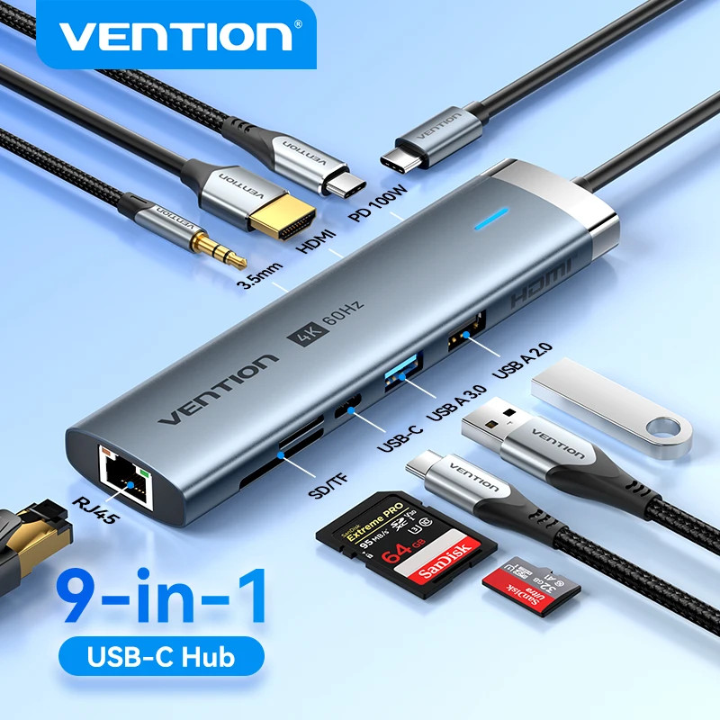 Vention USB C HUB 4K 60Hz Type C to HDMI RJ45 Ethernet PD 100W SD TF for MacBook