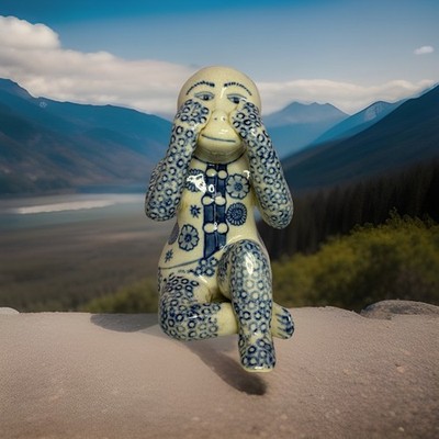 Vintage Blue And White Porcelain Wise Monkey See No Evil, 7  Tall