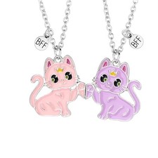 Best Friend Necklace for 2, Magnetic Sweet Cat Pendant Friendship Pink Purple