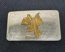 Vintage Western Belt Buckle Engraved Ornate Saddle