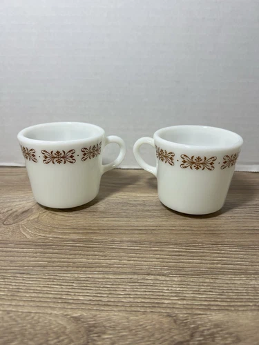 Vintage Pyrex Model 718 Milk Glass Mug Copper Filigree set of 2 