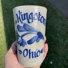 VTG Rowe Pottery Works Salt Glaze Cup Vase Mug 1990 Kingston Ohio Cobalt Floral