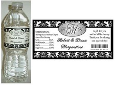 100 BLACK DAMASK WEDDING WATER BOTTLE LABELS Waterproof