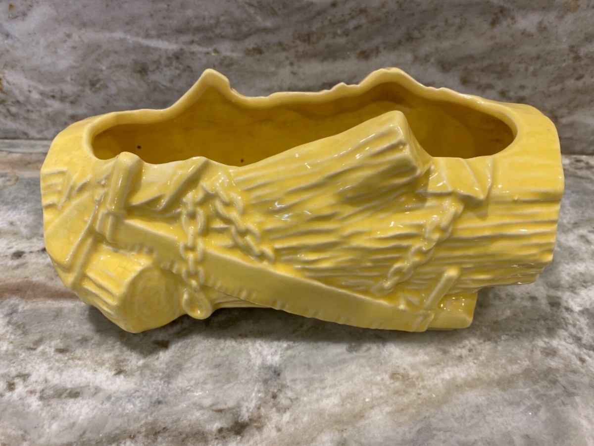 McCoy Vintage Pottery Yellow Log w/ Chain & Axe Decorative Planter