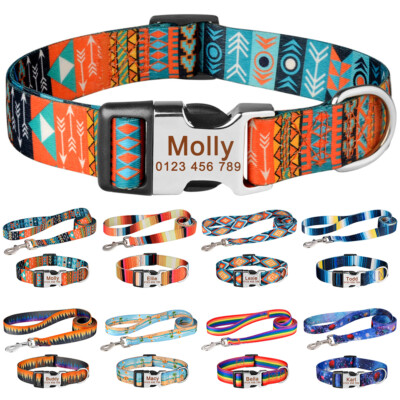 Personalized Dog Collar and Leash Set Engraved Name ID Tag Small Medium Large