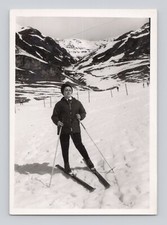 Old B&W Photo Woman Skis Skiing Snow Mountains