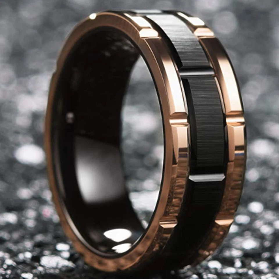 Alianza de boda de carburo de tungsteno anillo clásico para hombre patrón de ladrillo de 8 mm GRABADO GRATIS Foto 3 de 4