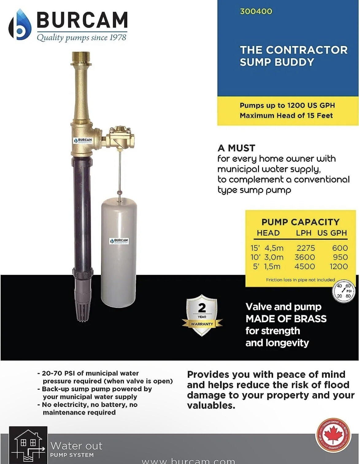 MCDONALD EMERGENCY WATER POWERED BACK UP PUMP FOR SUMPS 747H2O AY