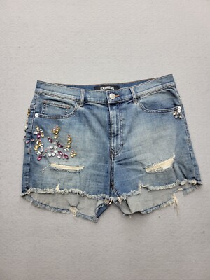 Express Women Shorts 10 Blue Jean Mid Rise 3 in Raw Hem Jewels Cotton Blend