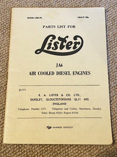 Lister JA6 Ersatzteilliste - Nr.1585 PL luftgekühlter Dieselmotor 1971 Hawker Siddeley