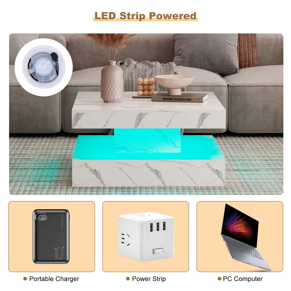 High Gloss Coffee Table for Living Room Square Side Table LED Light Furniture US - Image 4 of 4