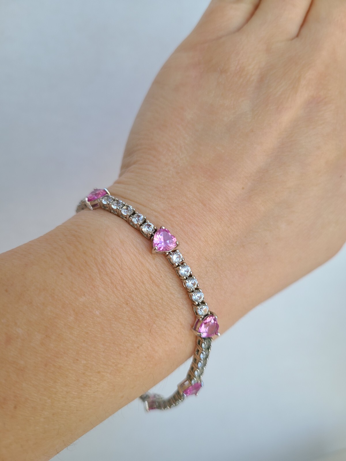 Bracelet BR SUN Silver Plated Pink Hearts Safety 7.5" Love