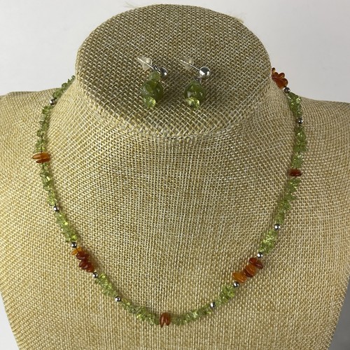 Vtg Artisan Green Peridot & Amber Sterling Silver Beaded Necklace Gift Earrings - Picture 16 of 20