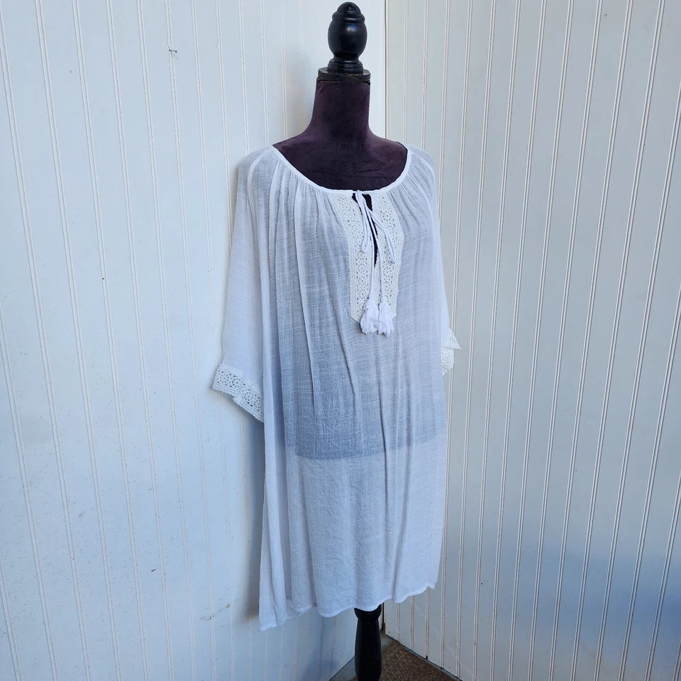 Women's Swimsuit Cover Up Dress White Crochet Lace Sheer 3/4 Sleeves Plus Sz 2XL - Image 2 of 3