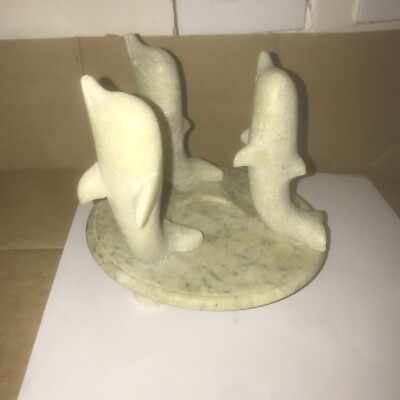 Stone /marble Dolphins (3) Standing Candle/ Bowl Holder Nautical Ocean Sea Decor