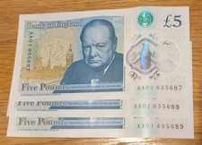 AA01 Polymer Five Pound £5 Note X3 CONSECUTIVE serial numbers! - Churchill/QEII