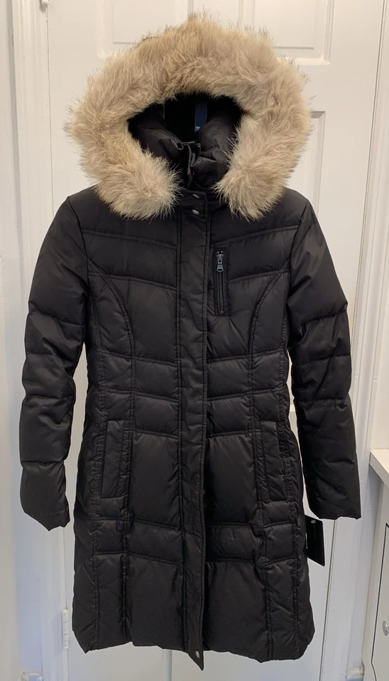 Abrigo de Plumón Marc New York Pequeño Negro Piel Real Capucha Chaqueta Larga Puffer S Foto 4 de 4