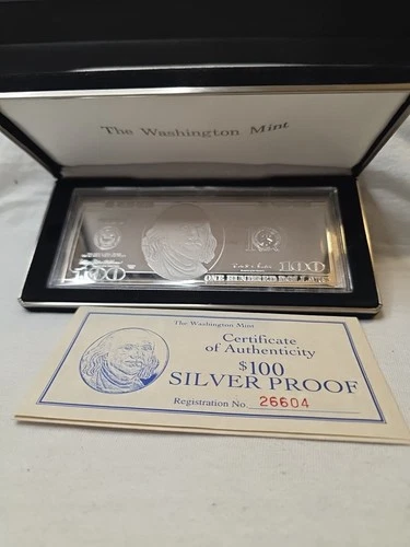 1996-4 OZ .999 SILVER PROOF BAR-BEN FRANKLIN $100 SILVER BAR- W/COA- NR AUCTION