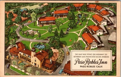 Paso Robles Inn CA Aerial View Map Postcard Highway 101 California Linen
