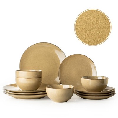 Dafuceramic Plates and Bowls Sets, 12 Pieces Modern Stoneware Dinnerware Set ...