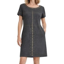 DKNY Studded Shift Wool Dress Sz 4 Charcoal Gray Short Sleeve Minimalist