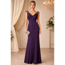 Adrianna Papell Purple Beaded Shoulder Evening Gown Size 8P Elegant Formal Glam
