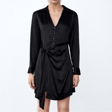 Zara Black Satin Long Sleeve Wrap Collared Short Dress Size XS