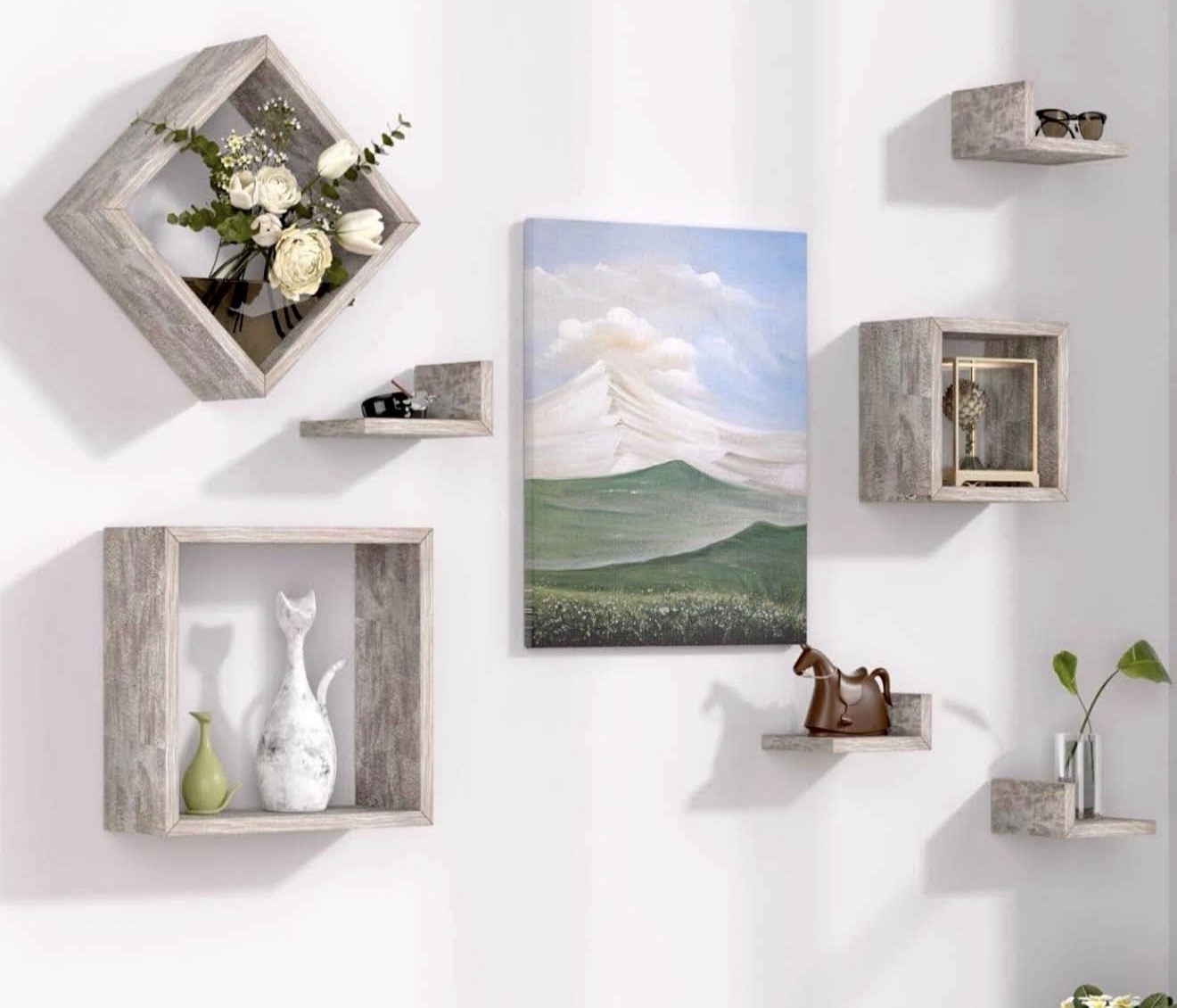 Wall Mounted Floating Shelves Set of 7 &ndash; 3 Square Shelves & 4 L-Shaped Shelves,