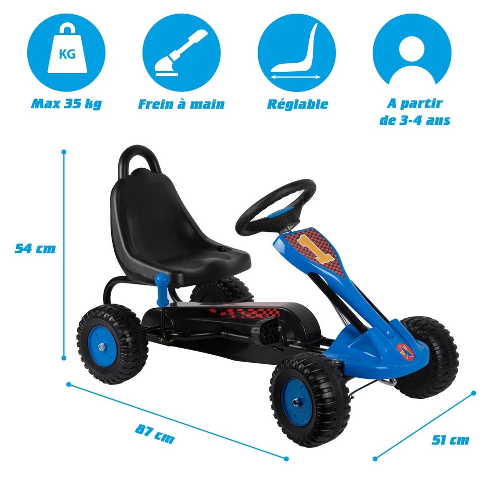 Kart Acier - Réglable - Frein à Main - Max 35 Kilo - 3-4 Ans - Bleu/ Noir - Photo 2/4